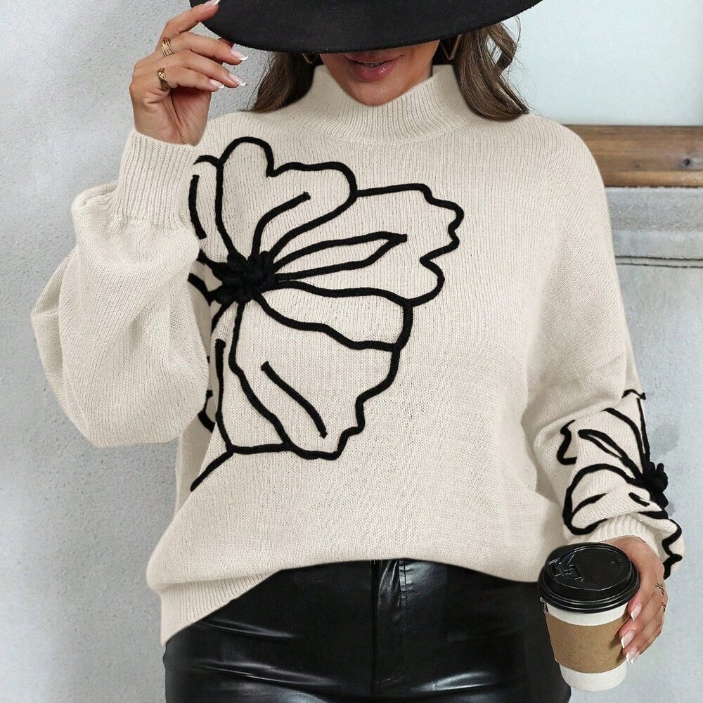 Apricot Casual Women's Plus Size Floral Stand Collar Sweater